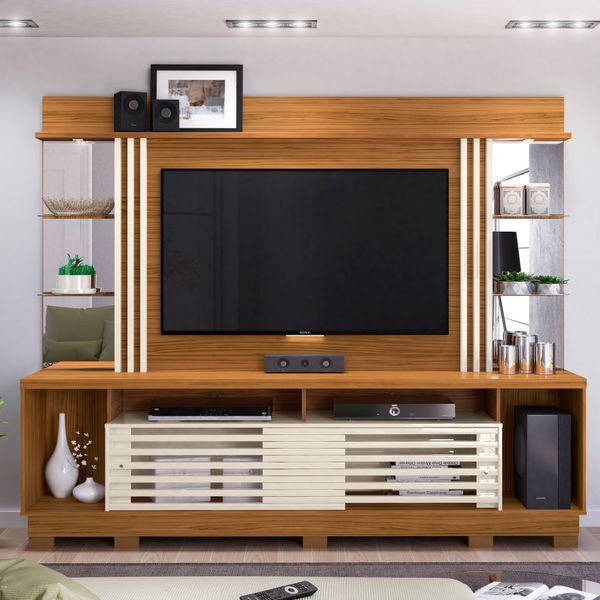 Rack com Painel Frizz Gold p/TV de até 55"e Pés - Off White/Natural