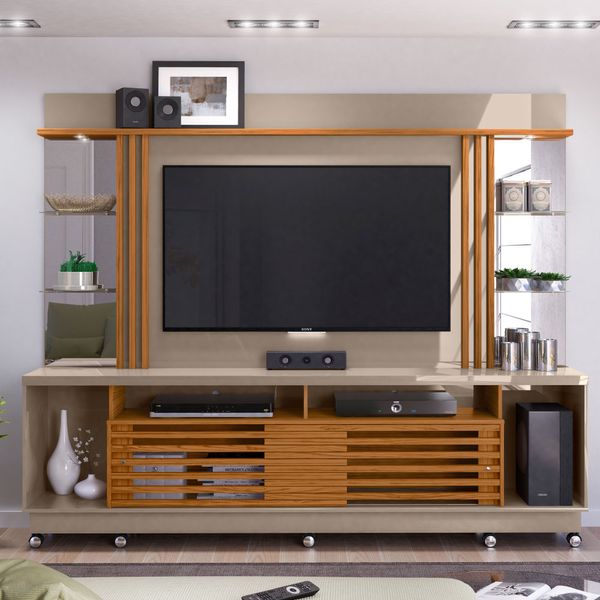 Rack com Painel Frizz Gold c/Rodízios - Natural/Cinza