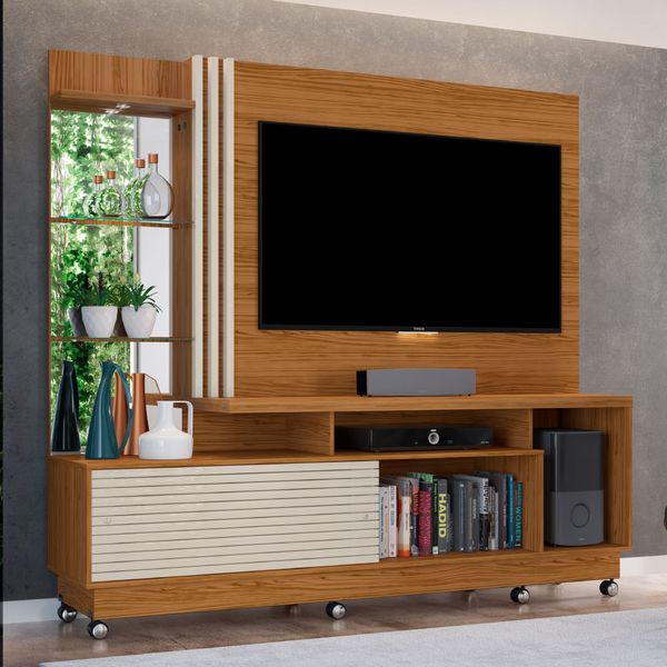 Rack com Painel Frizz Plus c/Rodízios - Off White/Natural