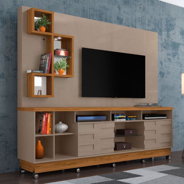 Rack com Painel Heitor c/Rodízios - Natural/Cinza