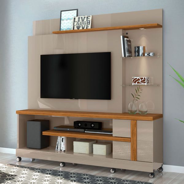 Rack com Painel Alan c/Rodízios - Natural/Cinza