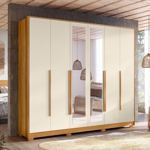 Guarda Roupa Fascínio com 6 Portas e Espelho - Carvalho/Off White
