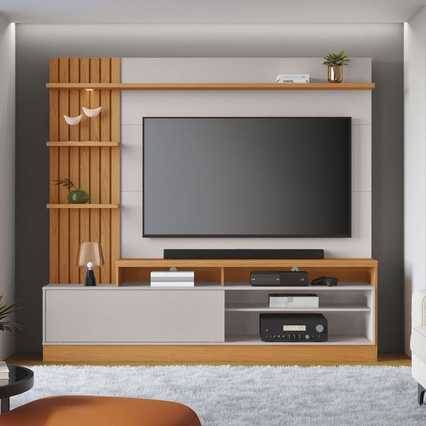 Home Theater Ripado LED TVs 65 Polegadas 1 Porta 4 Nichos Freijó Off White Águas Brasileiras Freijó/Off White