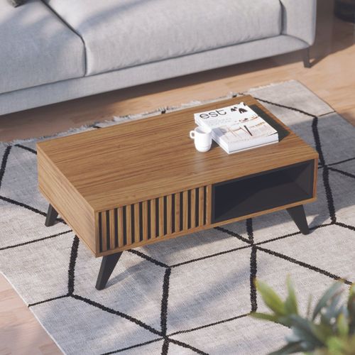 Mesa de Centro Retangular 1 Nicho Pés em Madeira Maciça Jeri Móveis Marrom Noce Milano/Preto Fosco Noce Milano/Preto Fosco