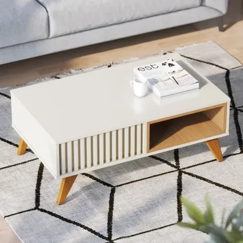 Mesa de Centro Jeri com 2 Nichos - Off White/Freijó