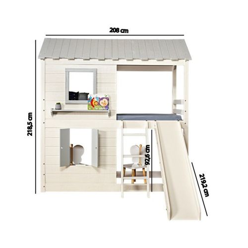Cama Alta Infantil Club House Premium com Escorregador e Telhado Completo Branco/Cinza - Casatema