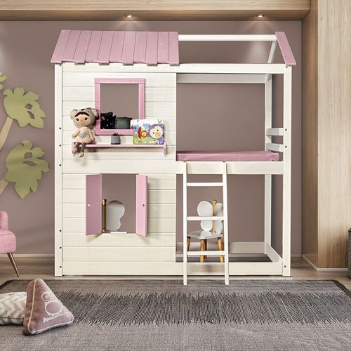 Cama Alta Infantil Club House Premium Branco/Rosa - Casatema