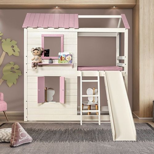 Cama Alta Infantil Club House Premium com Escorregador Branco/Rosa - Casatema