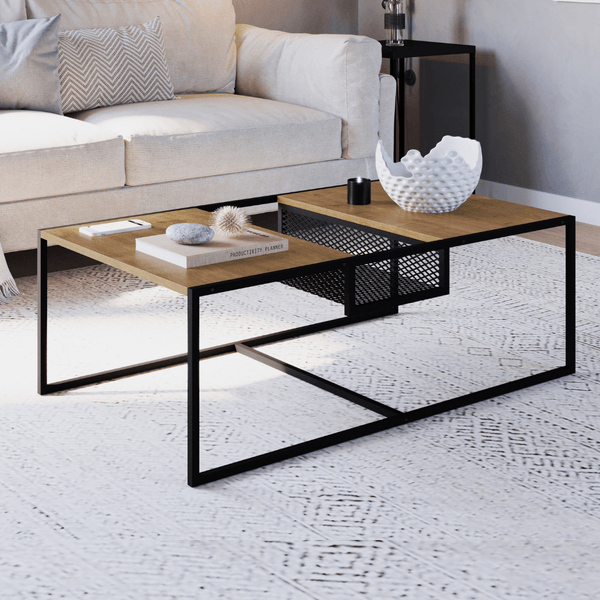 Mesa de Centro Industrial Retrô com Nicho Madeira/Aço York Marrom Vermont/Preto Vermont/Preto