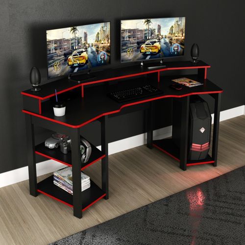 Mesa Escrivaninha Gamer com Gancho para Headset - Preto/Vermelho