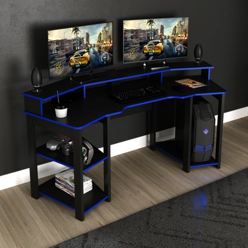 Mesa Escrivaninha Gamer com Gancho para Headset - Preto/Azul