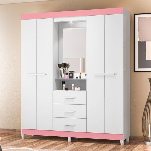 Guarda Roupa Ágata com 4 Portas e Camarim - Branco/Rosa