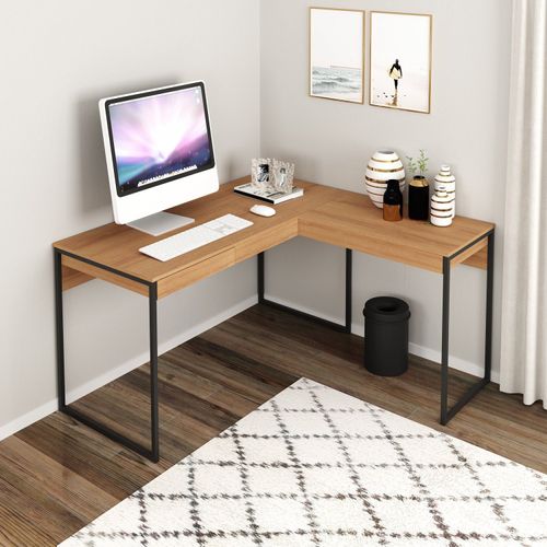 Escrivaninha Mesa Escritório em L Me4157 1 Gaveta 136cm Industrial Amêndoa E Preto Amêndoa/Preto