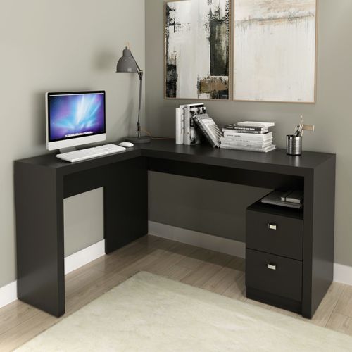 Mesa de Escritório em L com 2 Gavetas - Preto