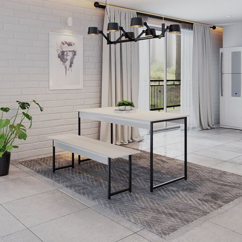 Conjunto Mesa de Jantar Industrial com 1 Banco - Branco/Preto