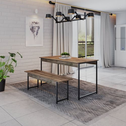 Conjunto Mesa de Jantar Industrial com 1 Banco - Carvalho Dark/Preto