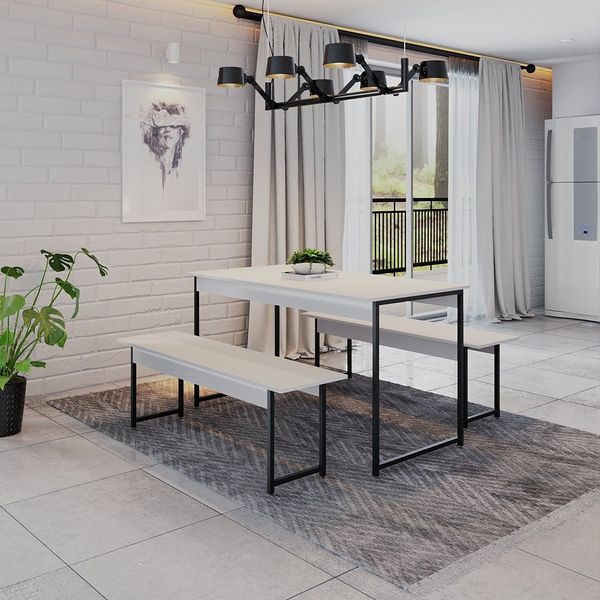 Conjunto Mesa de Jantar com 2 Bancos Estilo Industrial Active Yescasa Branco Chess