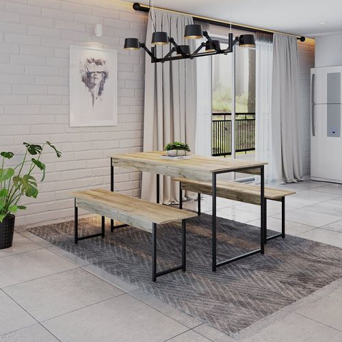 Conjunto Mesa de Jantar Industrial com 2 Bancos - Carvalho/Preto