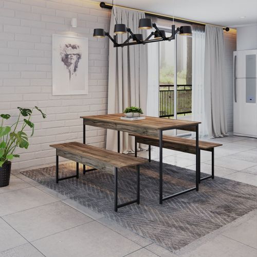 Conjunto Mesa de Jantar Industrial com 2 Bancos - Carvalho Dark/Preto