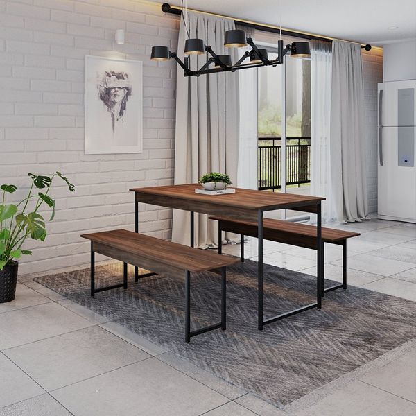 Conjunto Mesa de Jantar e 2 Bancos Industrial Aço MDP 135cm Preta e Marrom Yescasa Nogal