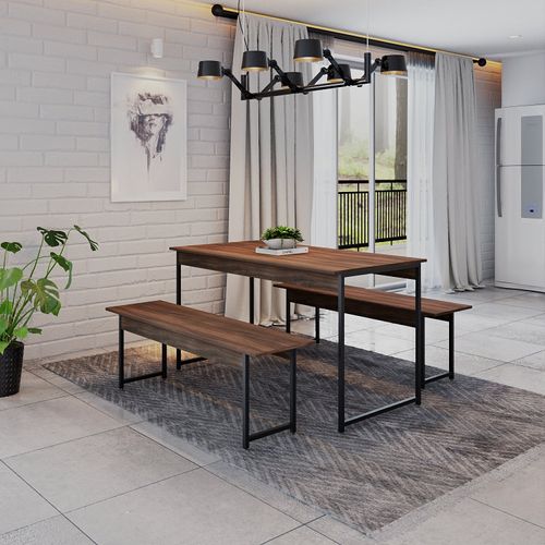 Conjunto Mesa de Jantar Industrial com 2 Bancos - Nogal/Preto
