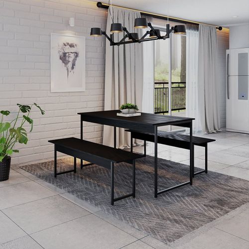 Conjunto Mesa de Jantar com 2 Bancos Estilo Industrial Active Yescasa Preto Onix