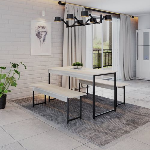 Conjunto Mesa de Jantar Industrial com 2 Bancos - Snow/Preto