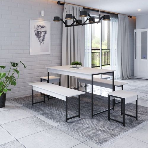 Conjunto Mesa de Jantar com 2 Bancos 2 Banquetas Estilo Industrial Active Yescasa Branco/Chess Branco Chess