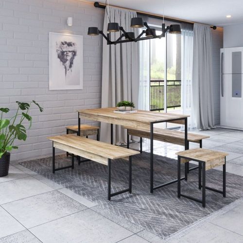 Conjunto Mesa Jantar 6 Lugares Industrial 2 Bancos 2 Banquetas Aço Active Carvalho Yescasa Marrom Carvalho