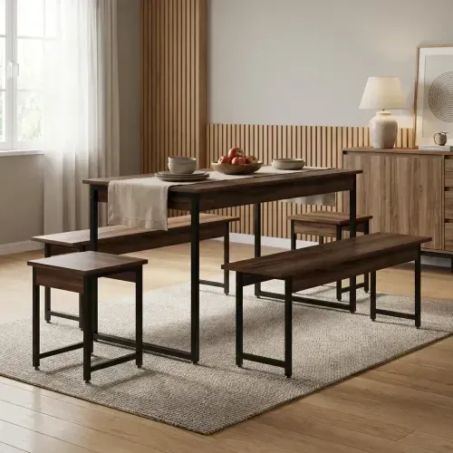 Conjunto Mesa de Jantar Industrial com 2 Bancos/2 Banquetas - Nogal/Preto