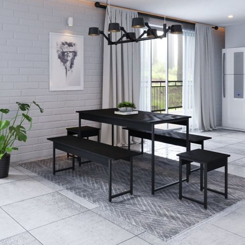 Conjunto Mesa de Jantar Industrial com 2 Bancos/2 Banquetas - Preto
