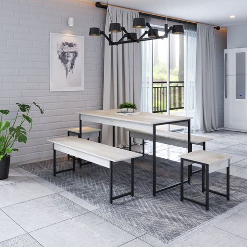 Conjunto Mesa de Jantar Industrial com 2 Bancos/2 Banquetas - Snow/Preto