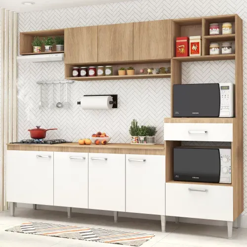 Cozinha Compacta Inova III com 8 Portas e Tampo - Carvalho/Branco