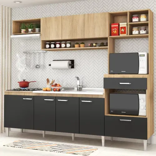 Cozinha Compacta Inova III com 8 Portas - Carvalho/Grafite