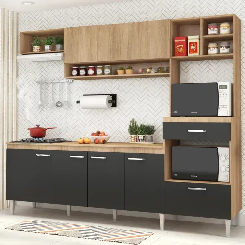 Cozinha Compacta Inova III com 8 Portas e Tampo - Carvalho/Grafite