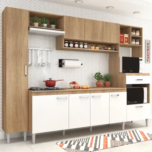 Cozinha Compacta Inova II com 9 Portas e Tampo - Carvalho/Branco