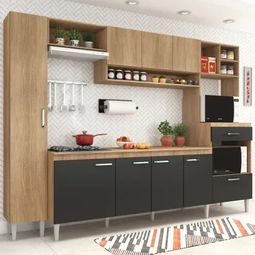 Cozinha Compacta Inova II com 9 Portas e Tampo - Carvalho/Grafite
