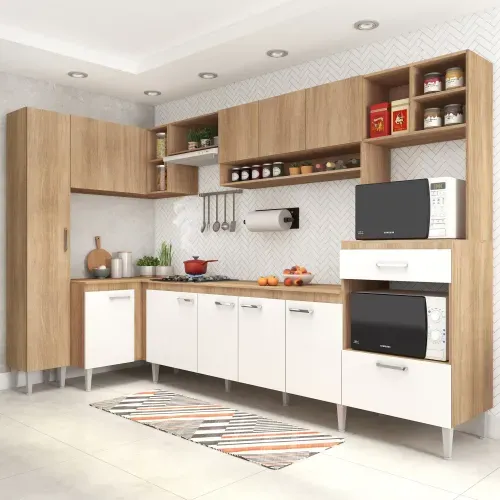 Cozinha Compacta Inova I com 11 Portas e Tampo - Carvalho/Branco