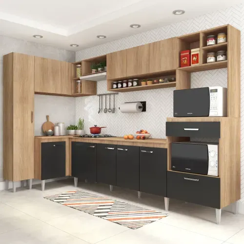 Cozinha Compacta Inova I com 11 Portas e Tampo - Carvalho/Grafite