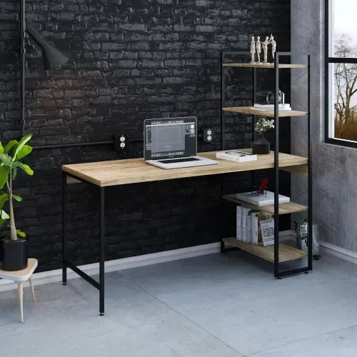 Escrivaninha com Estante Industrial com 4 Prateleiras - Carvalho/Preto