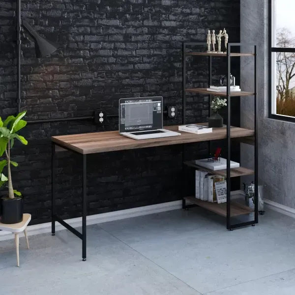 Escrivaninha Mesa Escritório com Estante Estilo Active 4 Prateleiras 150cm Industrial Yescasa Nogal Nogal