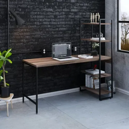 Escrivaninha Mesa Escritório com Estante Estilo Active 4 Prateleiras 150cm Industrial Yescasa Nogal Nogal
