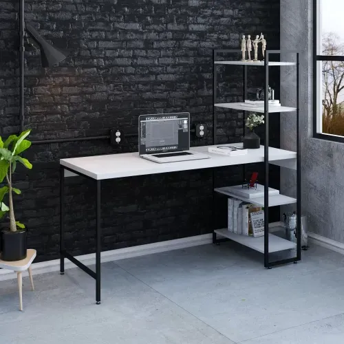 Escrivaninha com Estante Industrial com 4 Prateleiras - Branco/Preto