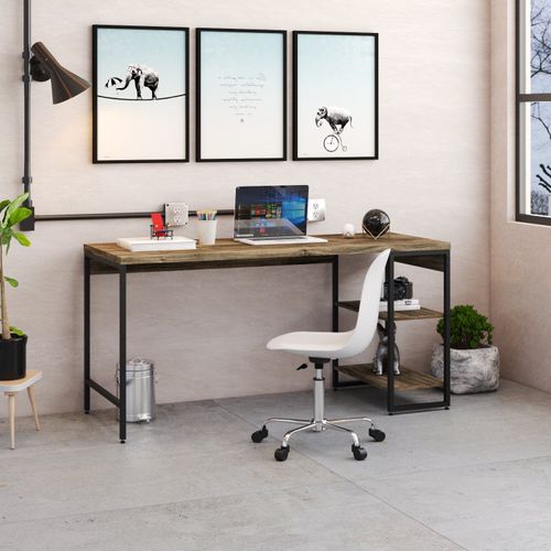 Escrivaninha com Estante Industrial com 2 Nichos - Carvalho Dark/Preto
