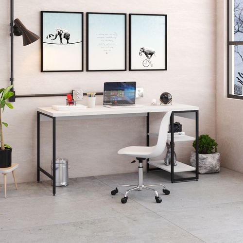 Escrivaninha com Estante Industrial com 2 Nichos - Branco/Preto