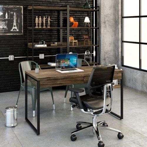 Escrivaninha Mesa Escritório Kuadra 2 Gavetas 135cm Industrial Carvalho Dark Carvalho Dark