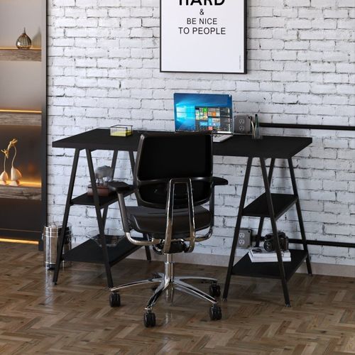 Escrivaninha Mesa Escritório Cavalete Estilo Kuadra 4 Prateleiras 135cm Industrial Preto Ônix Preto Onix
