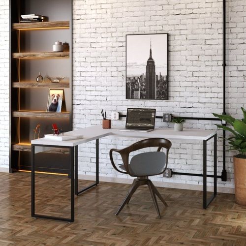 Escrivaninha Mesa Escritório em L Estilo 1,50Mx1, Kuadra Compace 150cm Industrial Branco Chess Branco Chess
