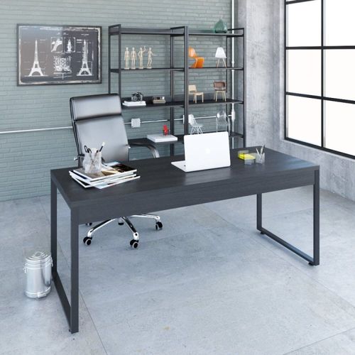 Escrivaninha Mesa Escritório Diretor Estilo Kuadra 180cm Industrial Preto Ônix Preto Onix