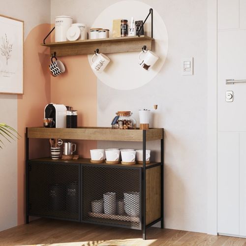 Conjunto Balcão Buffet Café Bar 100cm 2 Portas e Prateleira 90cm Aço Expandido Industrial Vermont/Preto